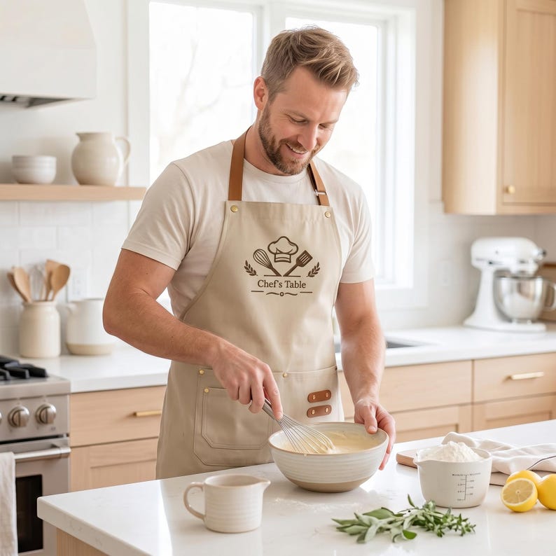 May include: A beige apron with brown leather straps and a dark brown graphic print featuring a chef hat, whisk, spatula, and the text Chef's Table. The apron includes two front pockets with brown leather accents and metal rivets for reinforcement.