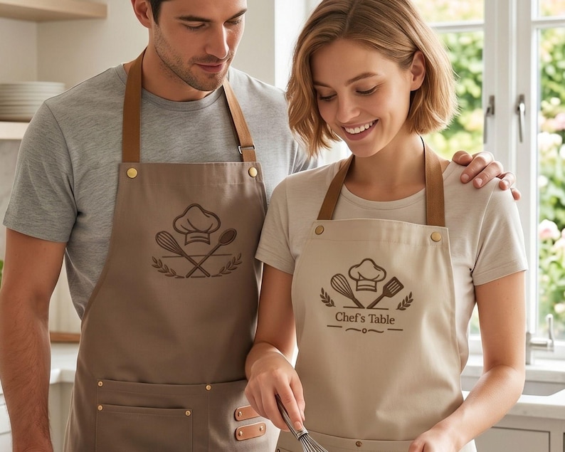 May include: Two aprons featuring brown leather-like straps and brass-colored hardware. The darker brown apron displays a chef hat and whisk graphic. The lighter beige apron features a chef hat, whisk, and spatula graphic with the text Chef's Table.
