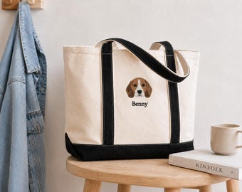Custom Embroidered Pet Portrait Tote Bag, Personalized Dog or Cat Gift