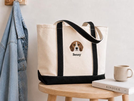 Custom Embroidered Pet Portrait Tote Bag, Personalized Dog or Cat Gift