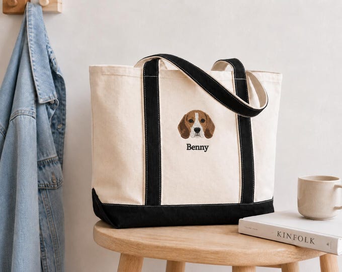 Custom Embroidered Pet Portrait Tote Bag, Personalized Dog or Cat Gift