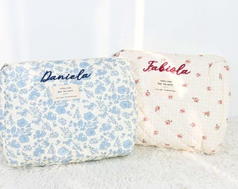 Nécessaire de algodão bordada com flores, bolsa de cosméticos personalizada