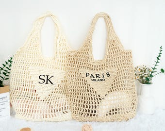 Gepersonaliseerde raffia-stranddraagtas, aangepaste stroreistas