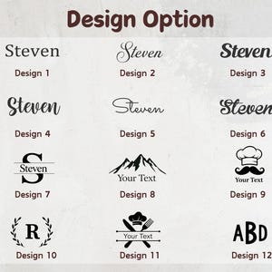 May include: A grid of twelve black graphic design options on a light background. Designs 1 through 6 show the name Steven in various fonts. Design 7 features a split letter S with Steven. Design 8 shows mountains. Design 9 has a chef hat and mustache.