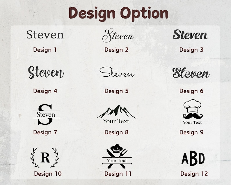 May include: A grid of twelve black graphic design options on a light background. Designs 1 through 6 show the name Steven in various fonts. Design 7 features a split letter S with Steven. Design 8 shows mountains. Design 9 has a chef hat and mustache.