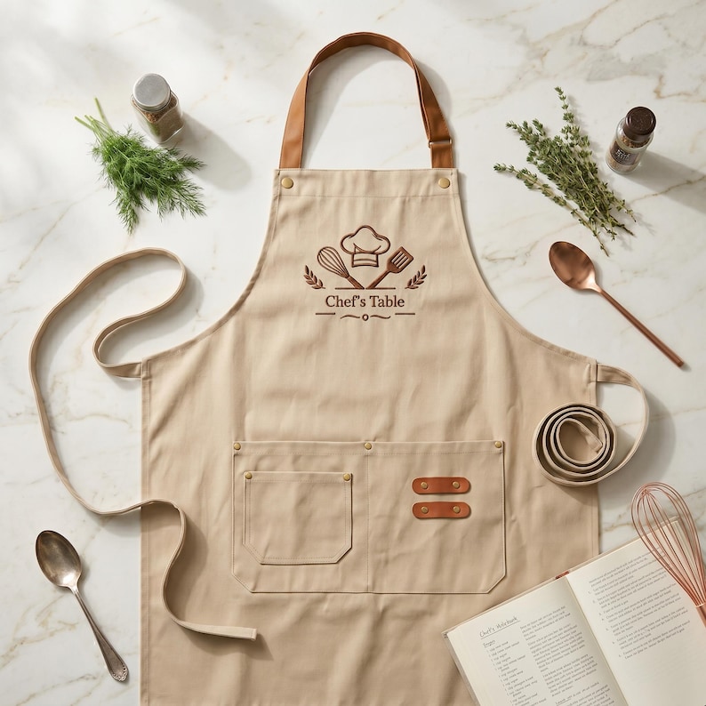 May include: A beige kitchen apron featuring a brown leather neck strap and brown leather accents on the front pocket. The chest area displays an embroidered graphic of a chef hat, whisk, and spatula with the text Chef's Table in brown thread.