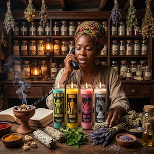 May include: Four tall glass jar candles with labels reading Got The Job, Miracle Healing, Feeling Myself Self Love, and Teflon Don Mental Protection. The candles are lit and arranged on a wooden table alongside incense, herbs, and jars.