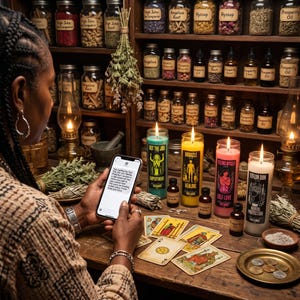 May include: A wooden table holds four tall glass pillar candles labeled Got The Job, Miracle Healing, Feeling Myself Self Love, and Teflon Don Mental Protection, alongside tarot cards, small oil bottles, and a smartphone displaying text.
