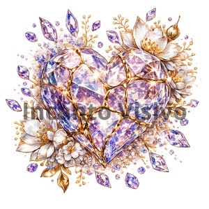 Può includere: Un cristallo sfaccettato a forma di cuore con tonalità viola e bianche, caratterizzato da crepe e dettagli dorati. Il cuore è circondato da fiori bianchi, fogliame dorato e frammenti di cristallo viola. Il testo Incanto Visivo è visibile.