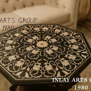 Black Marble Inlay Table Top: Handmade Indian Stone Art, 24&quot; Hexagonal