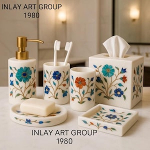 Handgefertigtes Marmor Inlay Badezimmer Set: Florales Design, 6-teiliges Luxus Bad Dekor