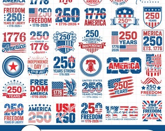 May include: A collection of 42 USA 250th Anniversary SVG designs in red, white, and blue. The designs include patriotic themes such as the American flag, the Statue of Liberty, and the Liberty Bell. Text includes "250 Years of Freedom" and "1776-2026".