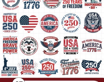 May include: A collection of 27 patriotic designs celebrating the USA's 250th anniversary. The designs feature the American flag, eagles, and text such as "America," "Freedom," and "1776." Formats include PNG, JPG, SVG, EPS, PDF, DXF, and AI.