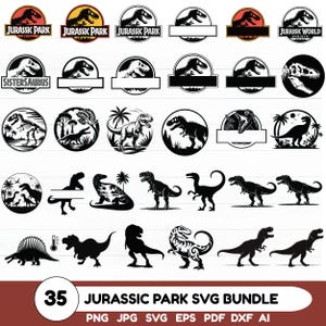 Könnte beinhalten: Eine Sammlung von 35 Jurassic Park SVG-Designs in Schwarz und Weiß. Die Designs umfassen verschiedene Dinosaurier-Silhouetten, Logos und Textelemente. Der Text enthält "Jurassic Park", "Jurassic World" und "Sistersaurus". Das Bundle enthält PNG-, JPG-, SVG-, EPS-, PDF-, DXF- und AI-Dateiformate.