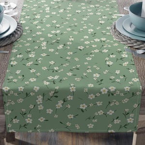 Light Green Floral Table Runner, Floral Table Runner, Floral Table Decor, White Flowers, 2 Sizes and Fabric Options, Green Floral Runner
