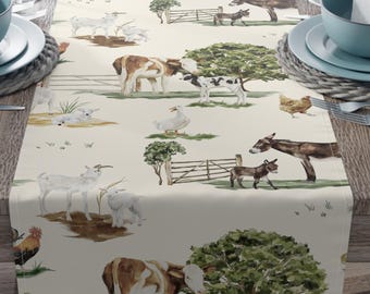 Farm Life Table Runner, Watercolor Country Animal Print