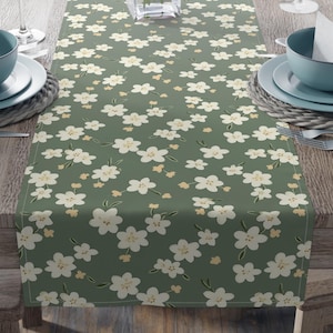Sage Floral Table Runner, Vintage Floral Table Decor, Floral Table Runner, White Flowers, 2 Sizes and Fabric Options, Green Floral Runner