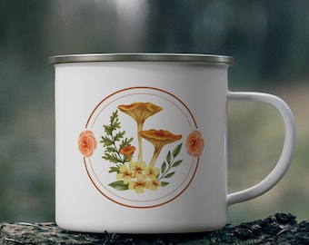 Mushroom Enamel Mug, Nature Lover Gift, Floral Fungi Design