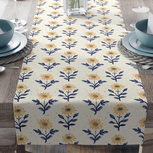 Indigo Wildflower Cotton Table Runner, Botanical Print