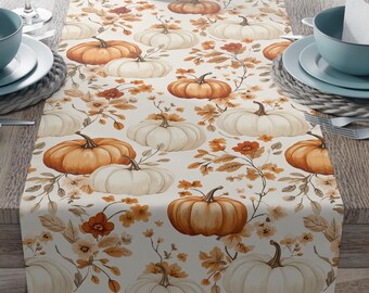 Chemin de table floral citrouille bohème, décoration de ferme automne