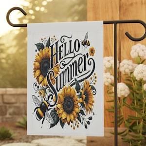 Hello Summer Garden Flag, Sunflower & Bumblebee Outdoor Banner, Porch Decor, Sunflowers, Gardening Gift, Yard Art, Garden Decor,Garden Flags