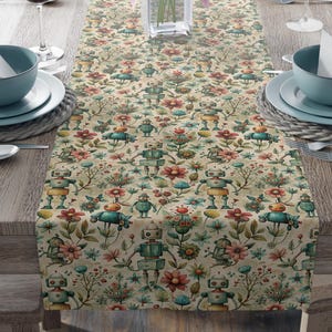 Whimsical Robot Garden Table Runner, Retro Robots & Flowers Table Runner, Sci-Fi Cottagecore Kitchen Decor, Quirky Botanical Tabletop Robots