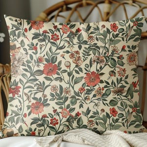 Red Cream Burnt Orange and Green Floral Throw Pillow with Insert, Floral Pillow, Floral Accent Pillow, Cottagecore Pillow, Throw Pillow