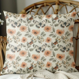 Peach Blossom Butterfly Throw Pillow with Insert, Cottagecore Pillow, Vintage Nature Decor, Nature Decor, Butterfly Accent Pillow, Butterfly
