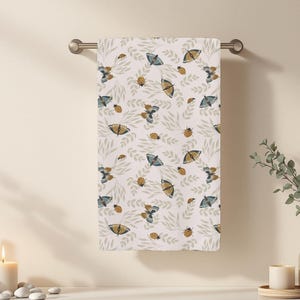 Butterflies & Blooms Hand Towel, Cottagecore Bathroom and Kitchen Decor, Botanical Butterfly Towel in Gold and Teal, Bath Towel, Moth Towel