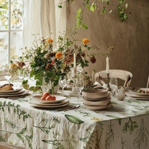 Botanical Herb Garden Tablecloth, Cotton Twill Tablecloth, Cottagecore, Farmhouse, Rustic Dining Decor, Blue Floral Tablecloth, French Table