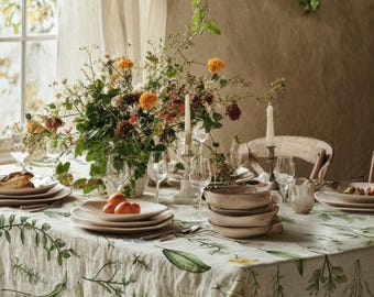 Botanical Herb Garden Cotton Twill Tablecloth, Farmhouse Decor