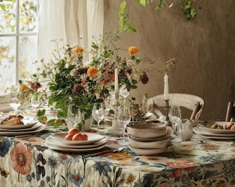 Autumn Wildflower Tablecloth, Cottagecore Cotton Twill Dining Decor