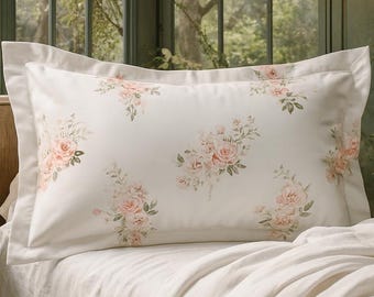 Funda de almohada con diseño floral de rosas ruborizadas, ropa de cama romántica estilo cottagecore