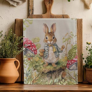 Woodland Bunny Tea Towel, Cottagecore Kitchen Decor, Vintage Bunny Tea Towel, Kitchen Tea Towel, Easter tea towel
