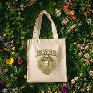 Forager Tote Bag, Cotton Canvas, Wild Mushroom Gathering Eco Market Bag, Nature Lover Gift, Herbalist Reusable Tote, Cottagecore Foraging
