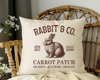 Almohada vintage de conejo de Pascua, cojín decorativo de huerto de zanahorias de granja