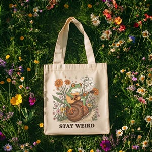 Stay Weird Frog Tote Bag, Cotton Canvas, Quirky Frog Snail Bag, Funny Cottagecore Gift, Nature Lover Reusable Tote, Frog Tote Bag, Frog Tote