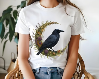 Raven and Crescent Moon T-Shirt, Mystical Botanical Tee