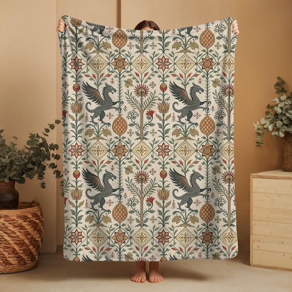 Griffin Tapestry Velveteen Fleece Blanket, Medieval Fantasy Throw