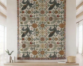 Medieval Griffin Woven Blanket, Tapestry Throw, Mythical Creature Cotton Throw, Cottagecore Folklore Home Decor, Fantasy Decor,Griffin Throw
