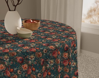 May include: A round tablecloth with a dark teal background and a floral pattern in shades of red, pink, and yellow. A white vase, a small bowl, and a woven basket with fruit are on the table.