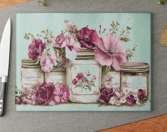 Floral Jar Tempered Glass Cutting Board, Cottagecore Kitchen Decor