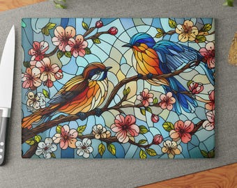 Stained Glass Birds Tempered Glass Cutting Board, Spring Decor