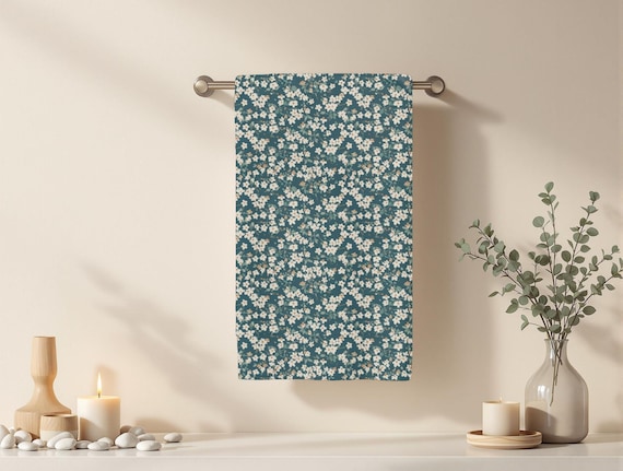 Teal Floral Hand Towel, Botanical Cottagecore Bathroom Decor - Etsy