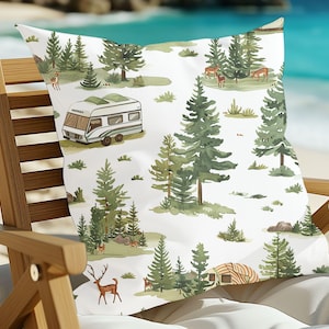 Vintage Camper & Wildlife Outdoor Pillow, Forest Decor, Rustic Decor, Camping Decor, Camping Outdoor Pillow, Patio Decor, Patio Pillows