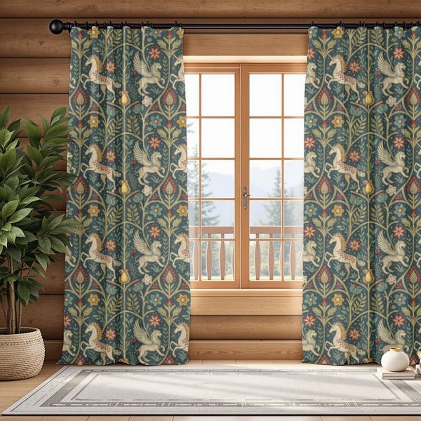 Panel de cortina transparente con unicornio y grifo medieval, estilo William Morris, estampado de tapiz botánico, decoración gótica.