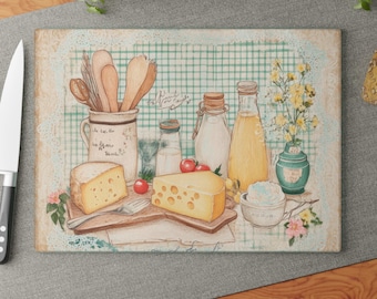 Tabla de cortar de vidrio templado vintage para cocina de lácteos, decoración estilo cottagecore.