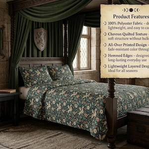 Medieval Dragon Botanical Quilted Coverlet | Enchanted Woodland Bedding | Storybook Heirloom Bedding | Medieval Bedroom Decor