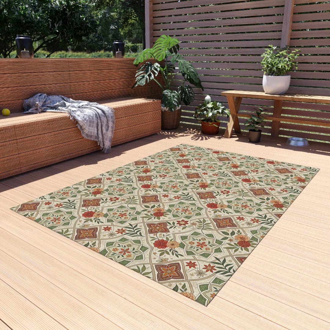 Terracotta Floral Outdoor Rug, Mediterranean Tile Patio Mat - Etsy
