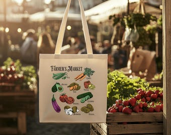 Farmers Market Tote Bag, Illustrated Vegetable Print, Eco-Friendly Cotton Canvas